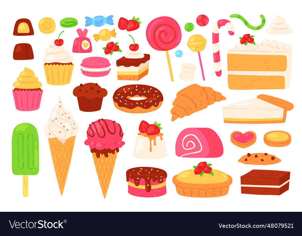 Cartoon candy and sweets cupcakes ice cream Vector Image