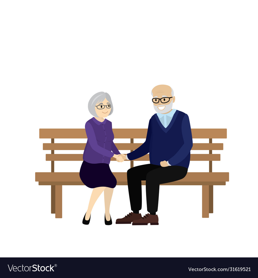 Cartoon pair old people are sitting on a bench