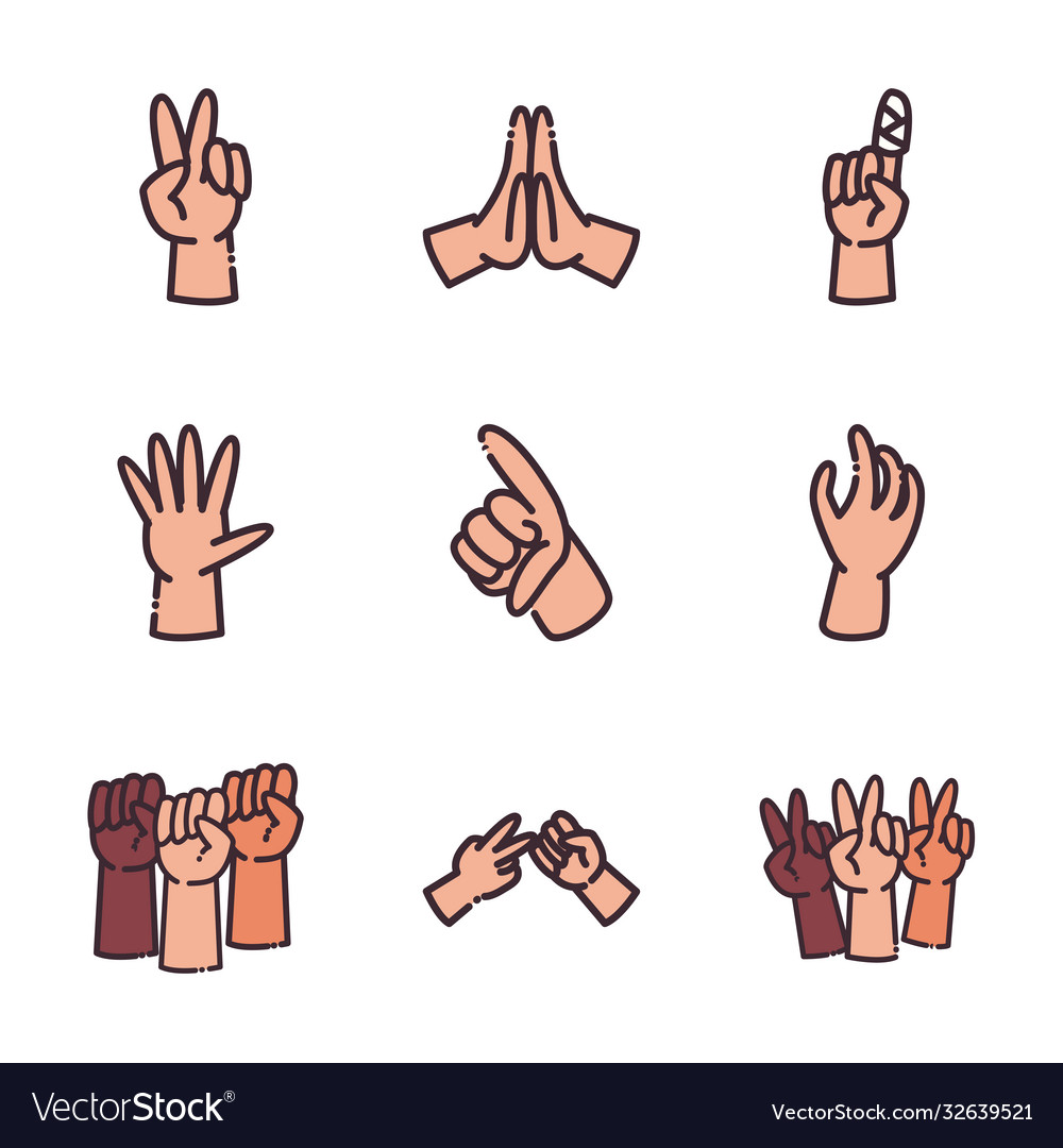 Gestures with hands line and fill style icon set