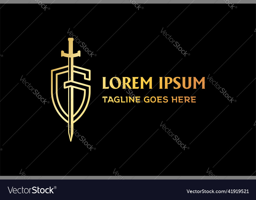 Golden shield with galahad sword blade logo design