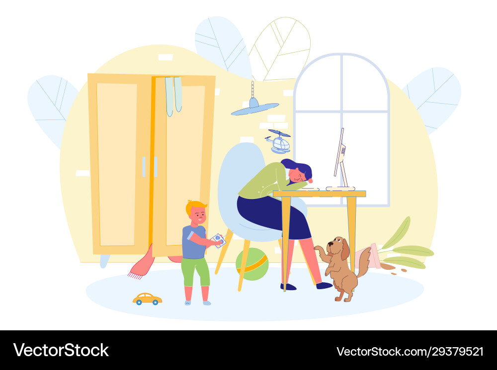 Working Mother Can Not Fully Work At Home Banner Vector Image