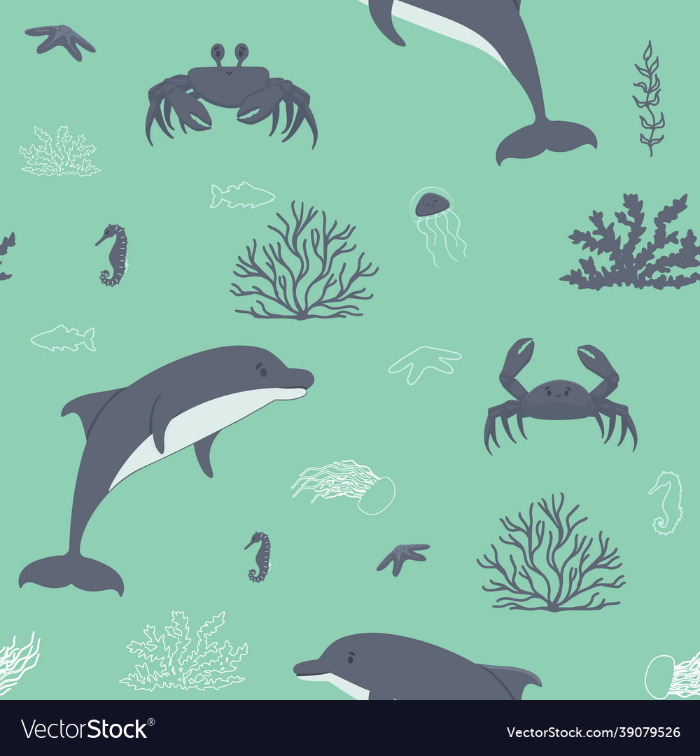 Cute dolphins crabs corals algae sea horse