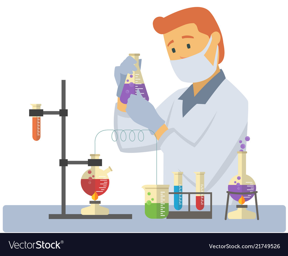 Young male chemist measuring chemical liquid