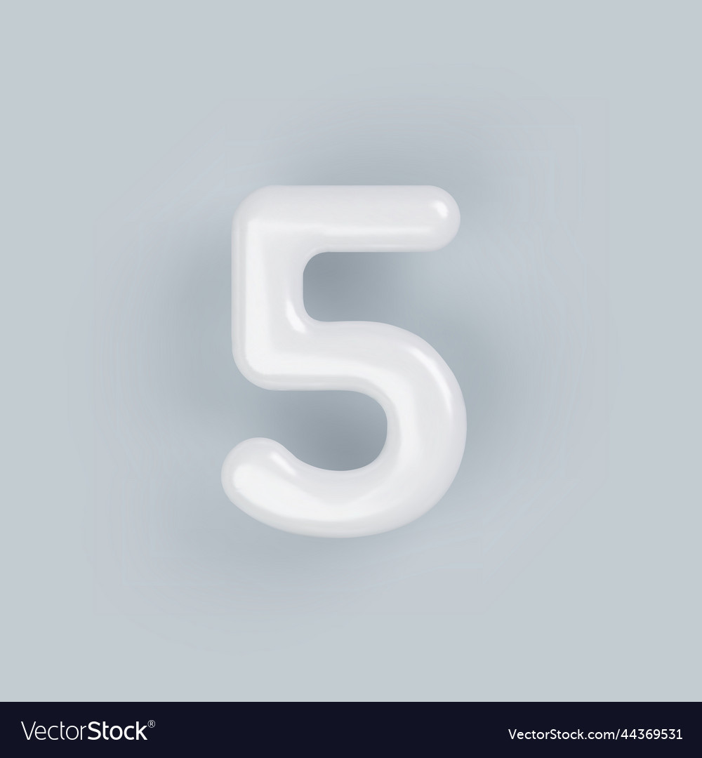 3d white plastic number 5 with a glossy surface Vector Image