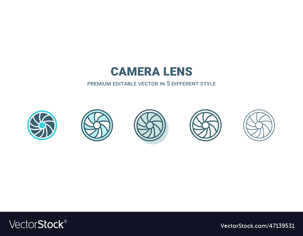 Camera lens icon in 5 different style outline vector image Camera lens icon in 5 different style outline