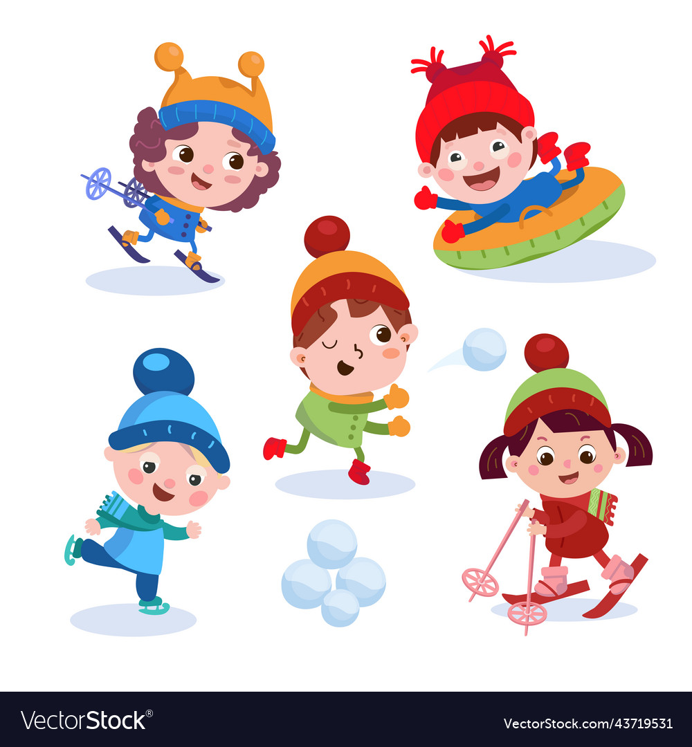 Cute children go skiing tubing throwing Royalty Free Vector