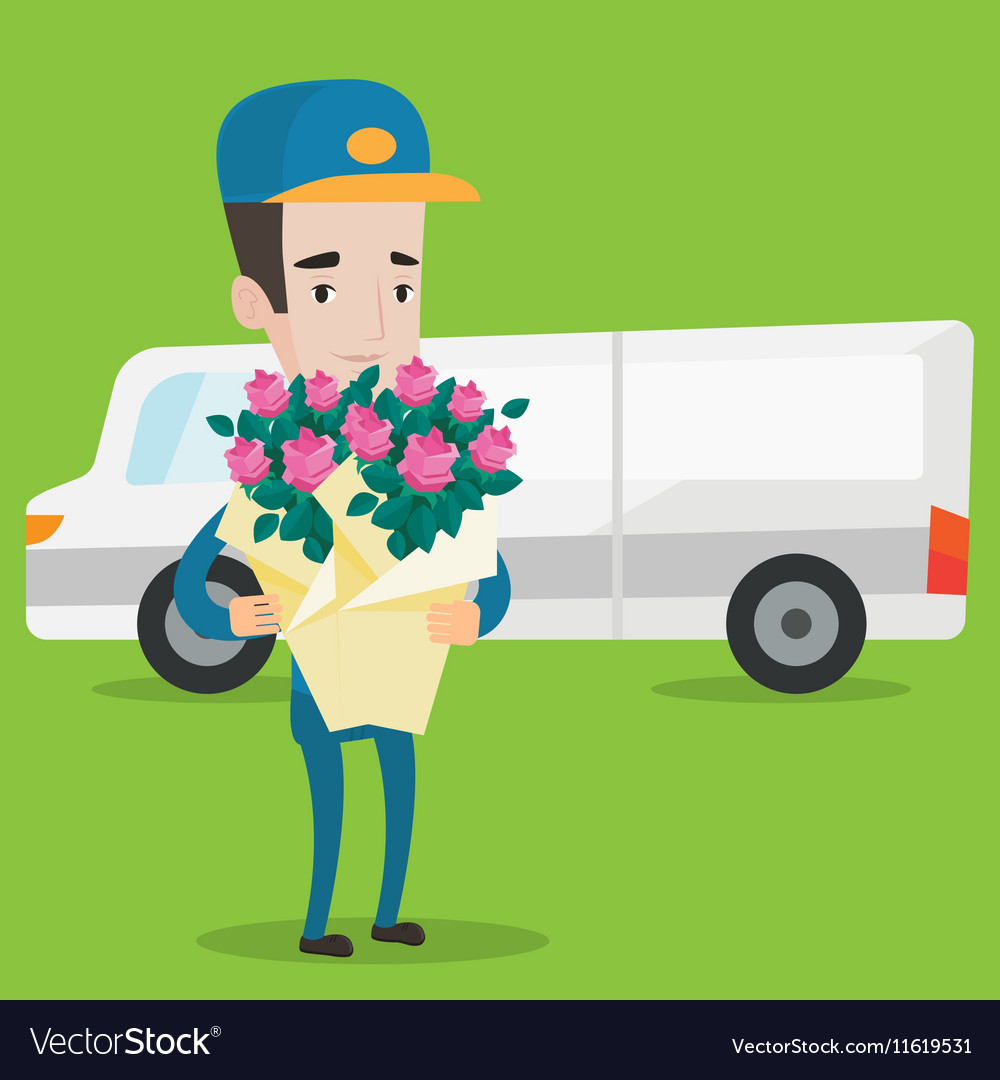 Delivery courier holding bouquet of flowers