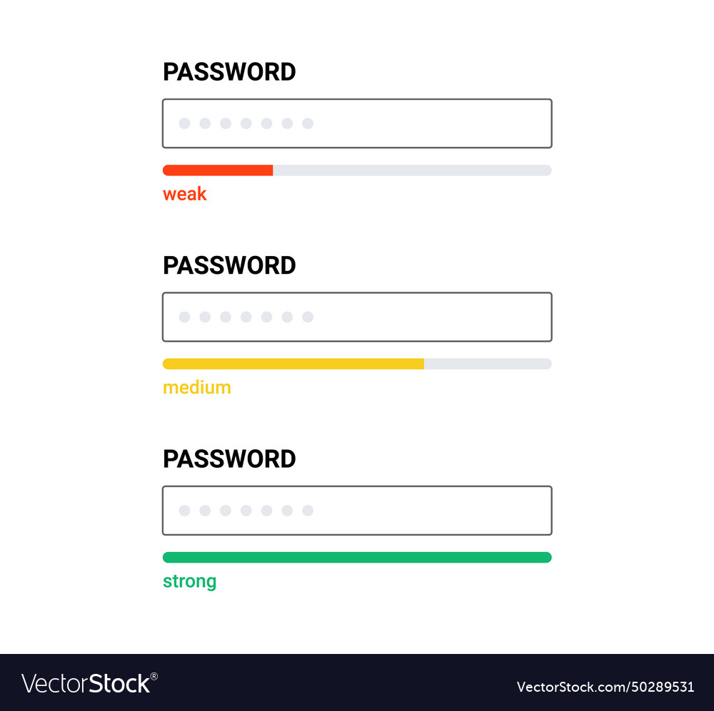 Password form template strong weak box vector image Password form template strong weak box