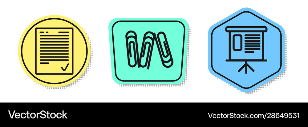 Set line exam sheet with check mark paper clip Vector Image