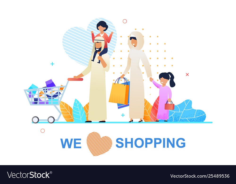 Banner With Text We Love Shopping And Arab Family Vector Image