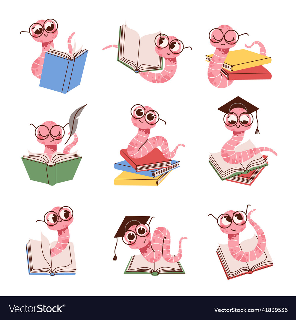 Cartoon book worm cute kids intelligent Royalty Free Vector