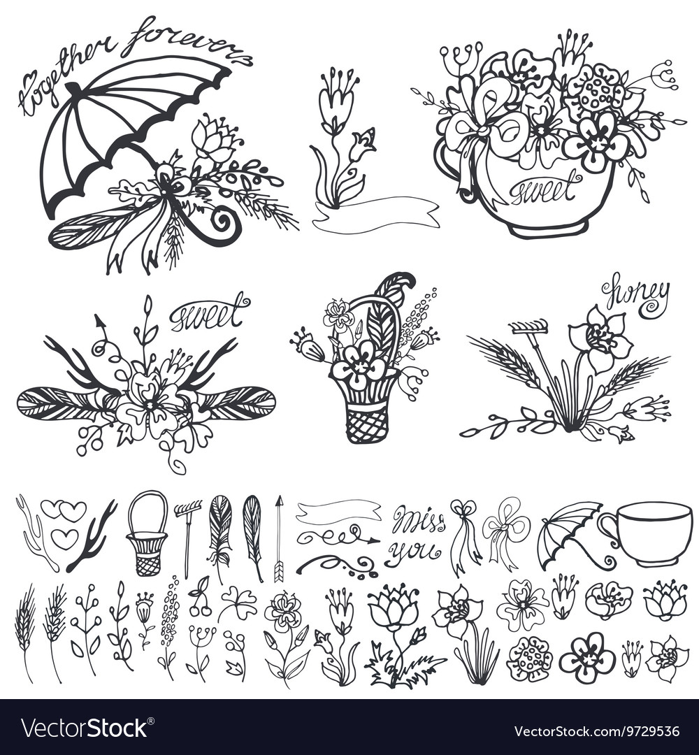 Doodle floral grouphand sketched element kit