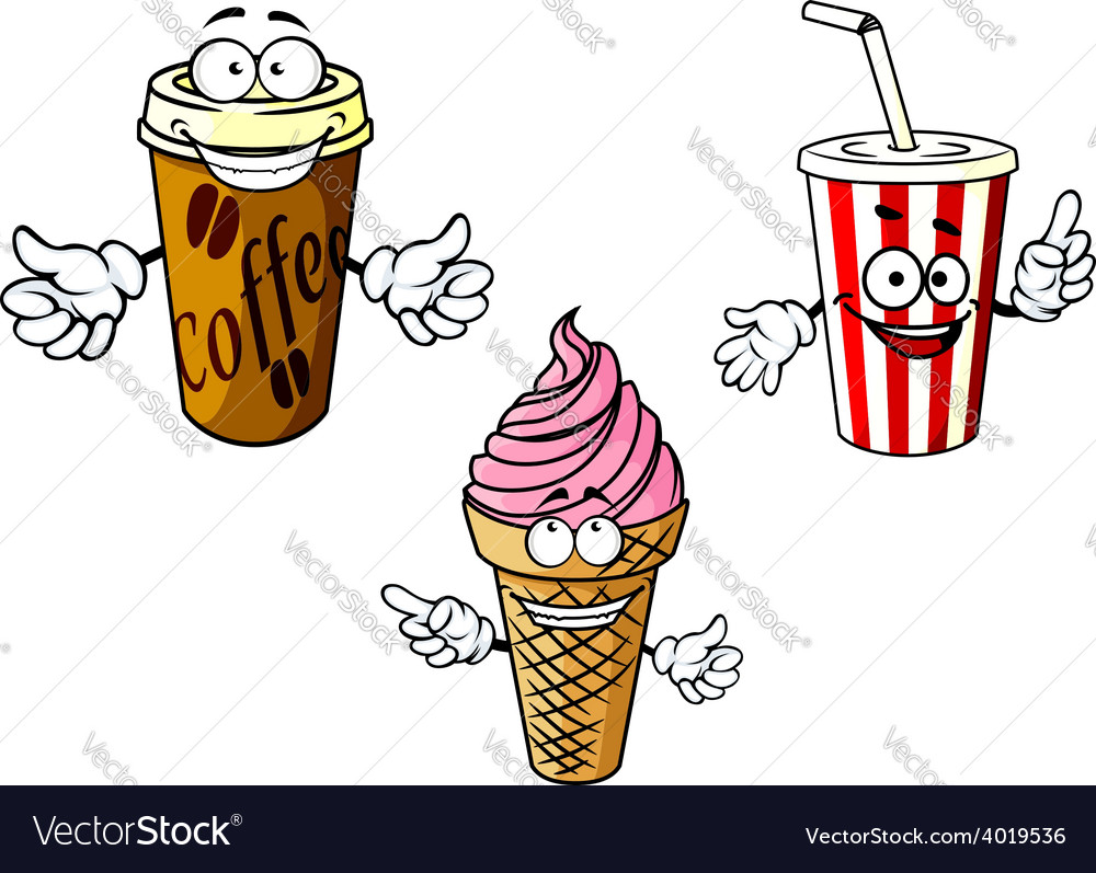 Takeaway cartoon coffee soda ice cream Royalty Free Vector Takeaway cartoon coffee soda ice cream Royalty Free Vector