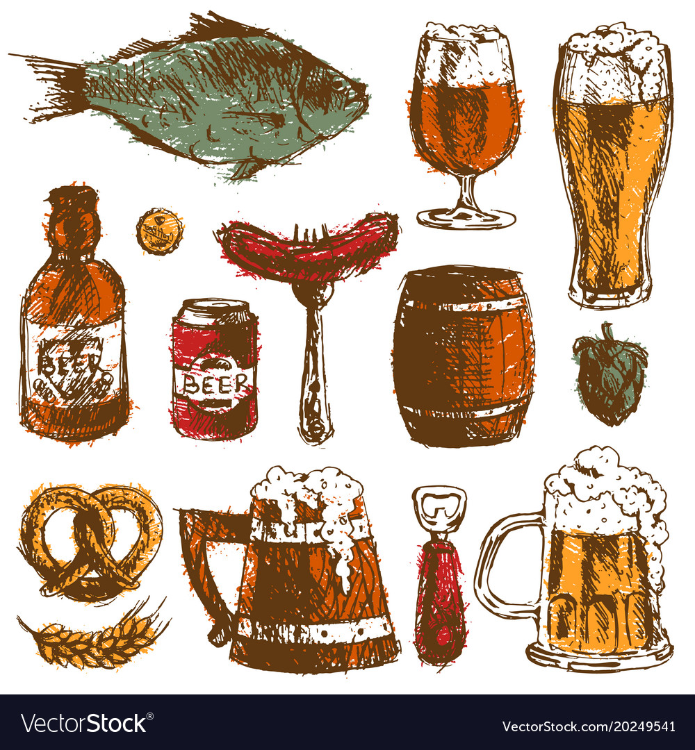 Beer food hand drawn sketch set mug bottle