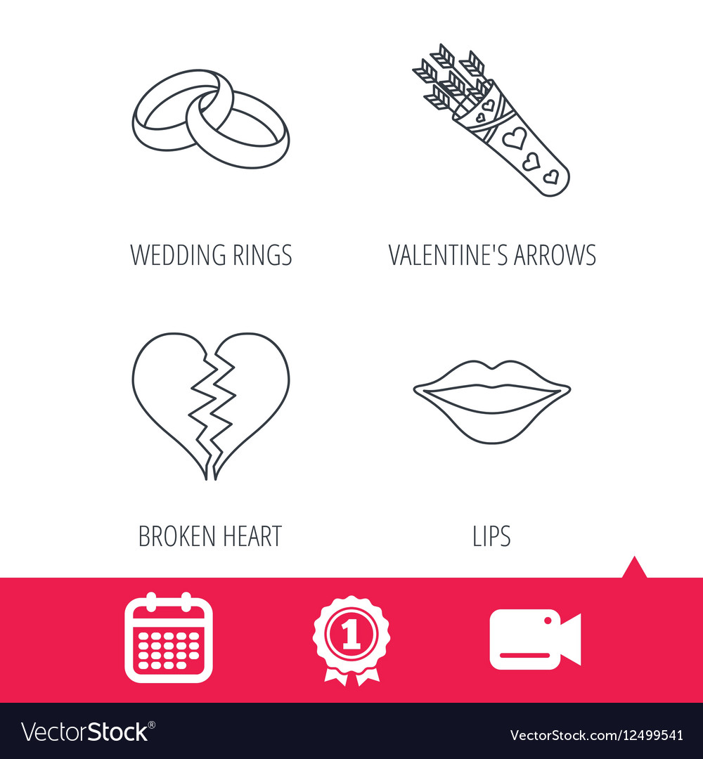 Broken heart kiss and wedding rings icons