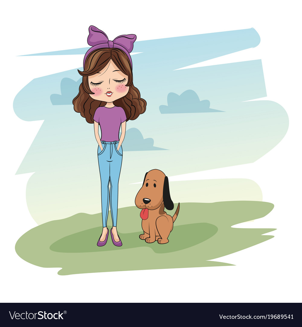 Cute girl with dog cartoon Royalty Free Vector Image