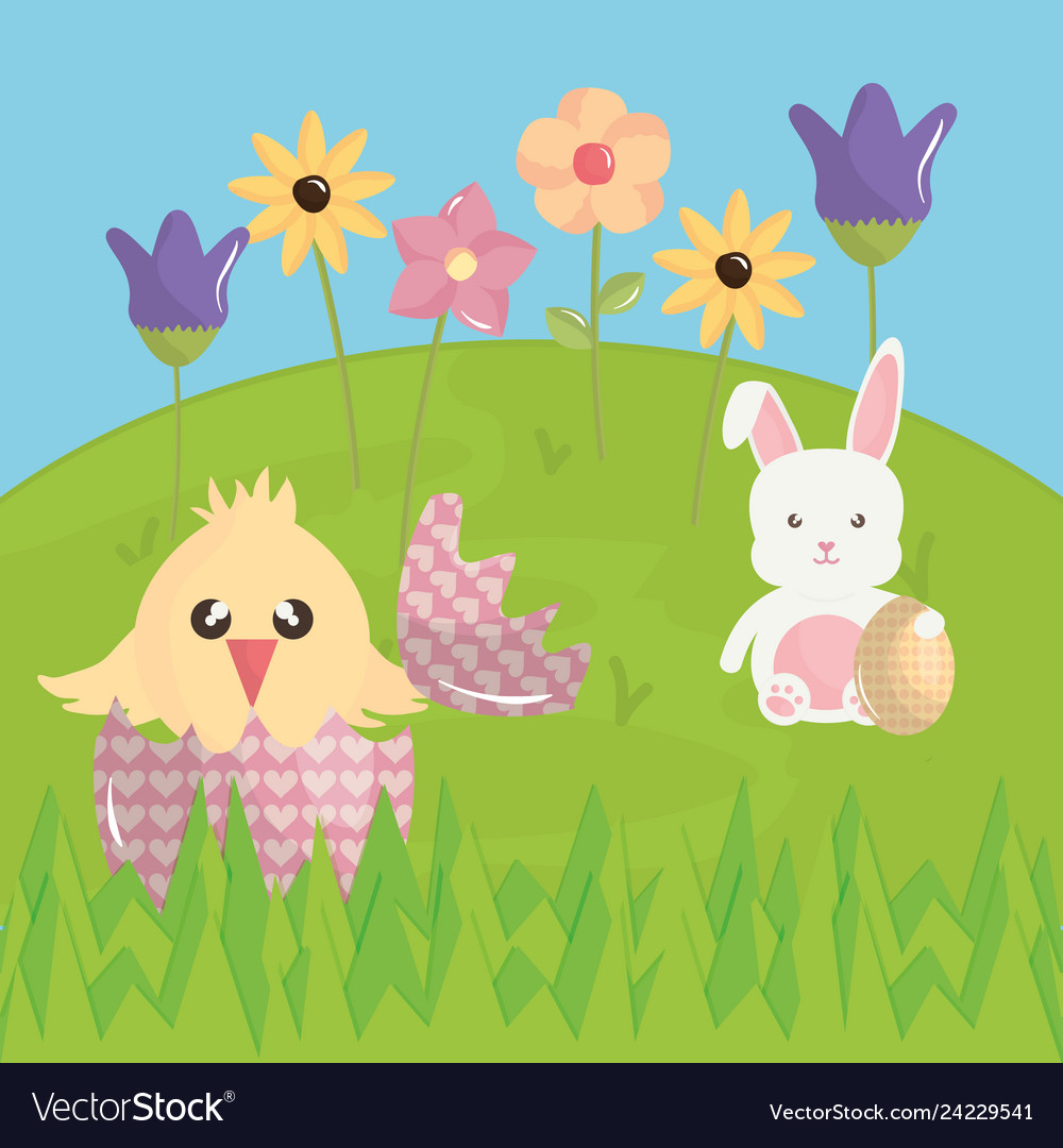 Süßes Kaninchen und Küken im Feld Ostern vector image Süßes Kaninchen und Küken im Feld Ostern