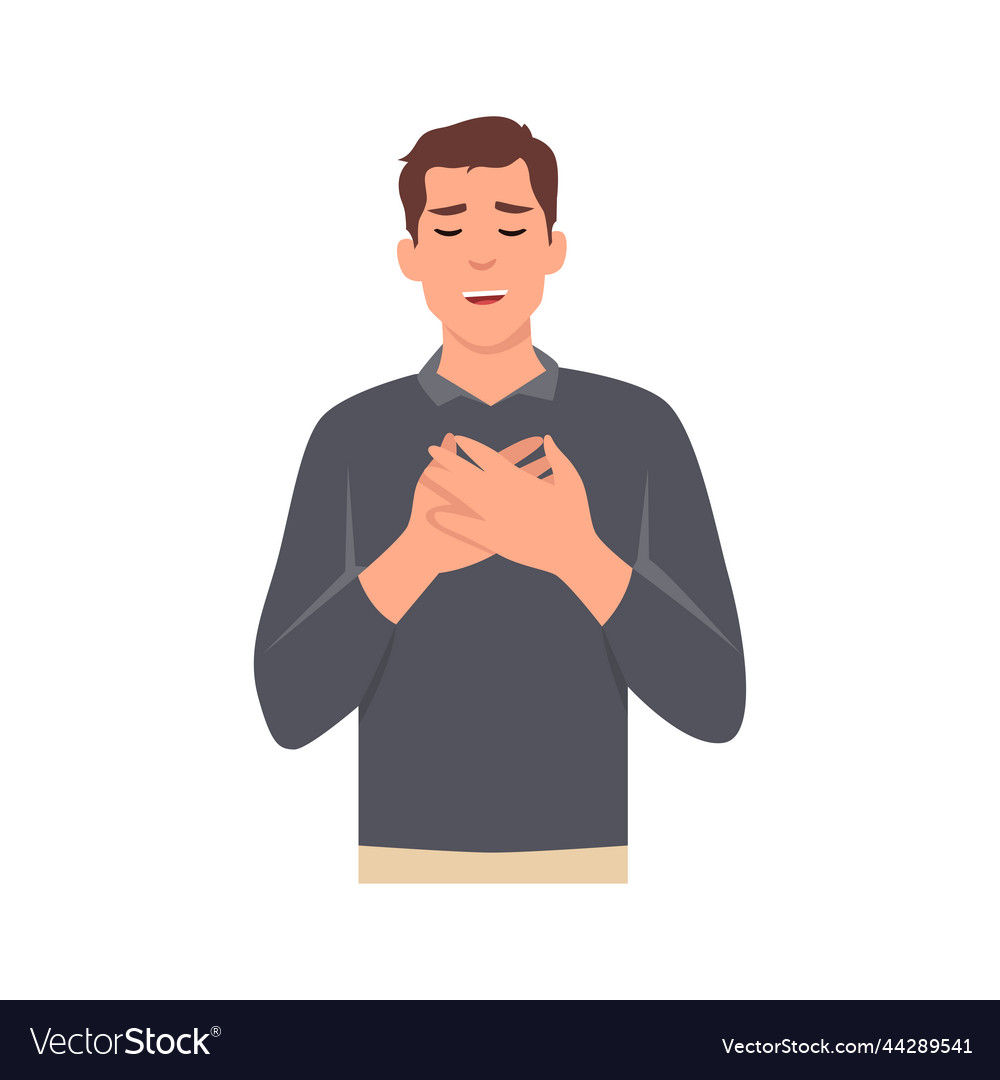 Young man touched positive holds his hands Vector Image