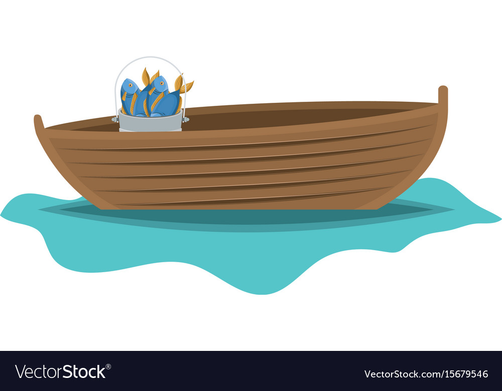 Download Color silhouette wooden fishing boat in lake with Vector Image