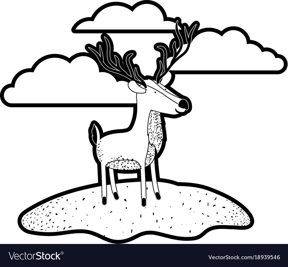 Deer cartoon in outdoor scene with clouds black Vector Image