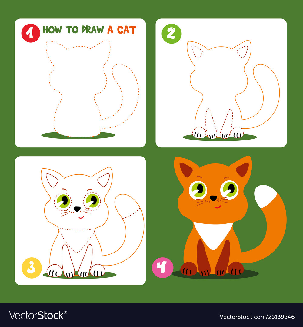 Drawing game step tutorial little cat worksheet Vector Image