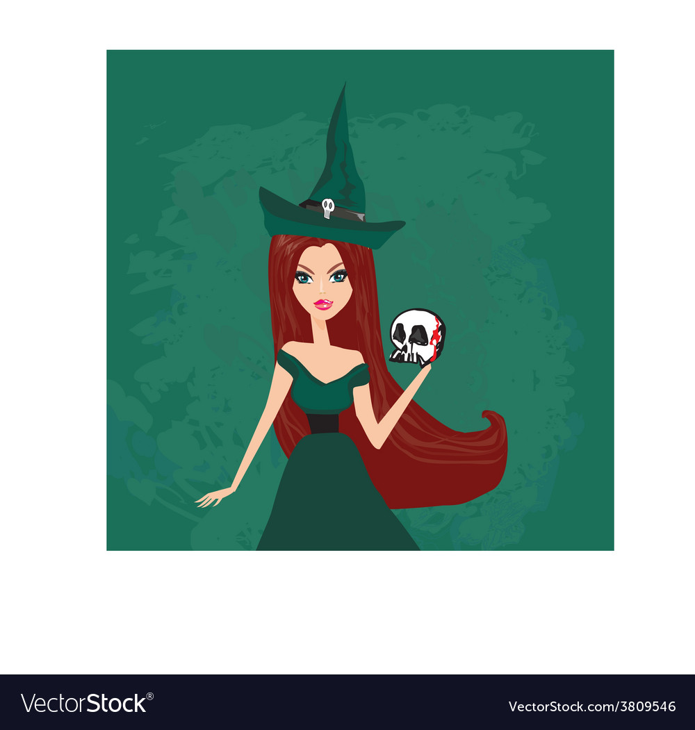 Halloween witch standing with skull