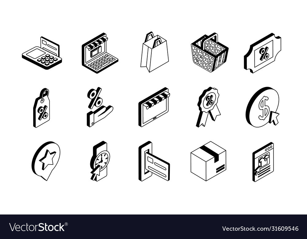 Shopping online isometric style icon set