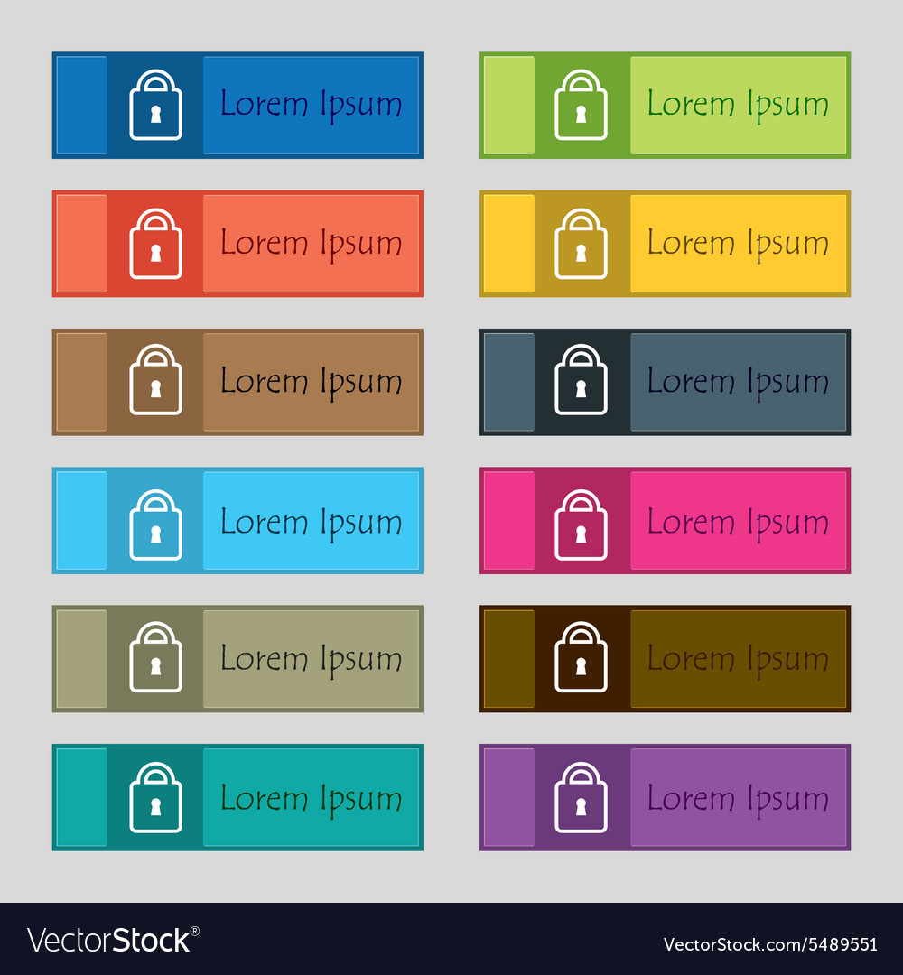 Lock icon sign set of twelve rectangular colorful