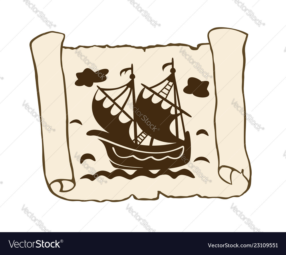 Sketch of ancient scroll with ship isolated