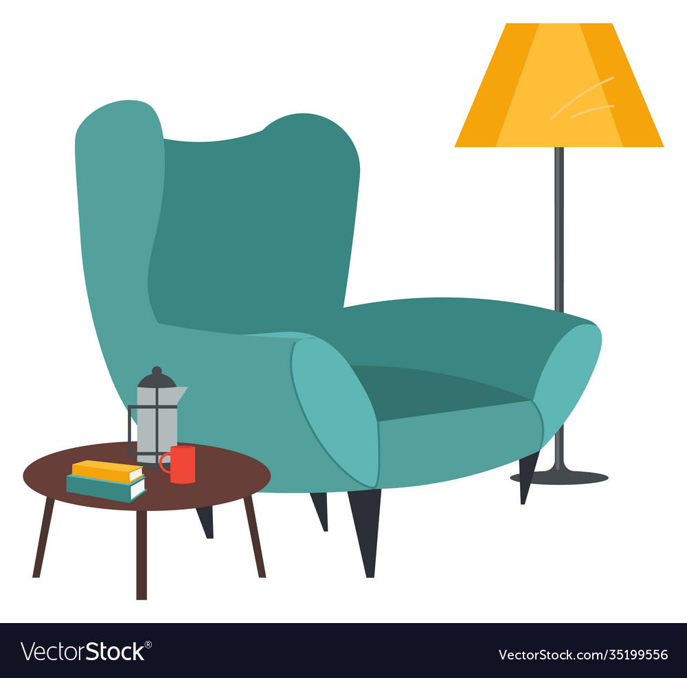 Armchair lamp and coffee press on table Royalty Free Vector