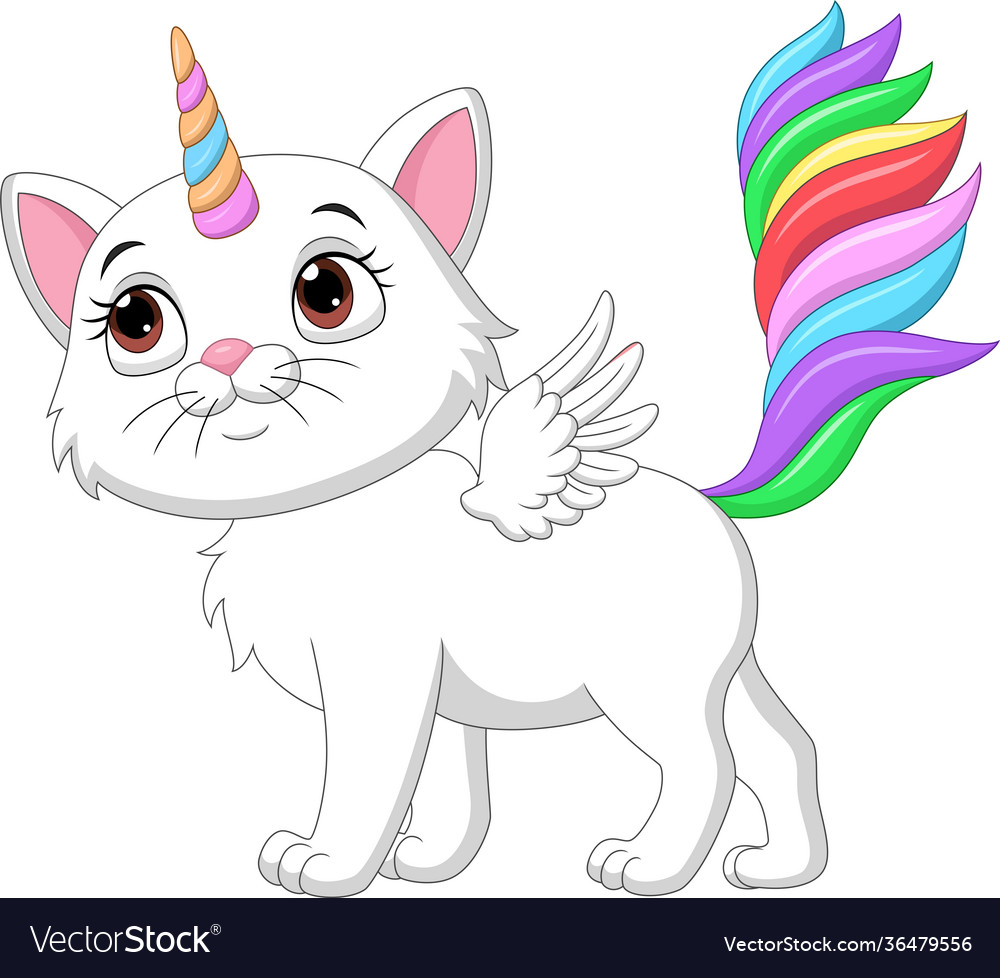 Cute Cartoon Unicorn Cat with Rainbow Wings