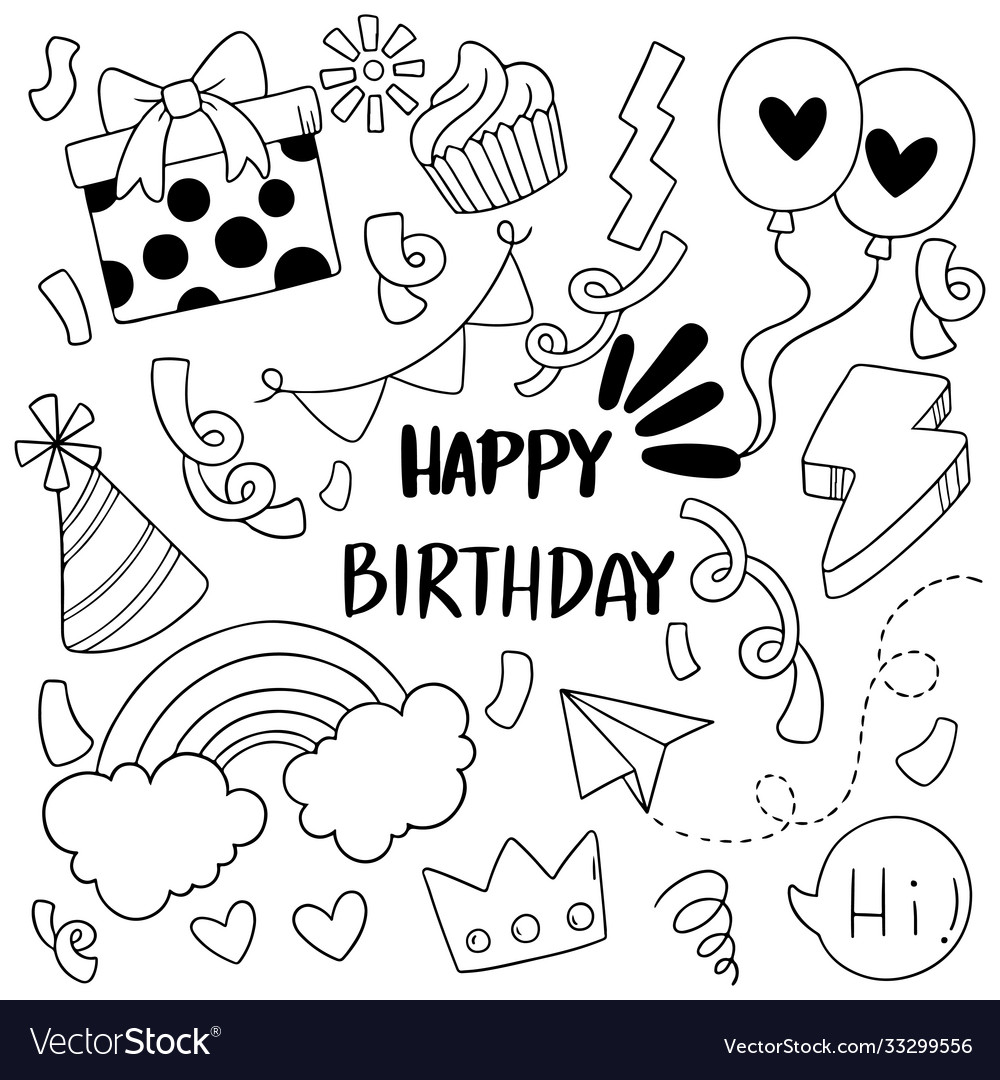 Hand drawn party doodle happy birthday ornaments Vector Image