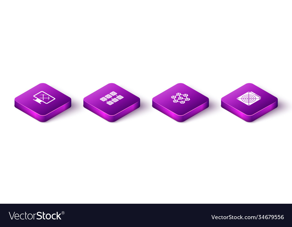 Set isometric mining with monitor and pickaxe vector image Set isometric mining with monitor and pickaxe