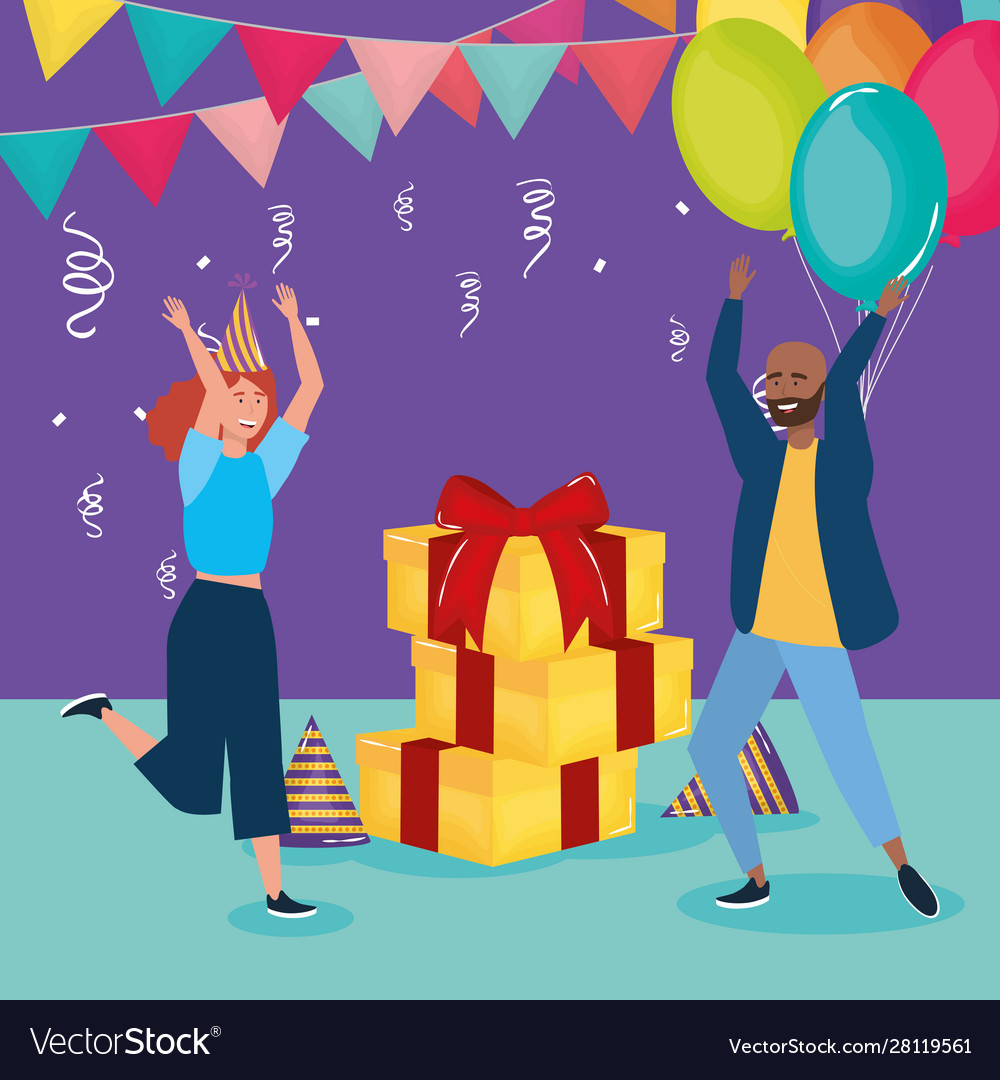 Happy birthday couple with gifts balloons bunting Vector Image