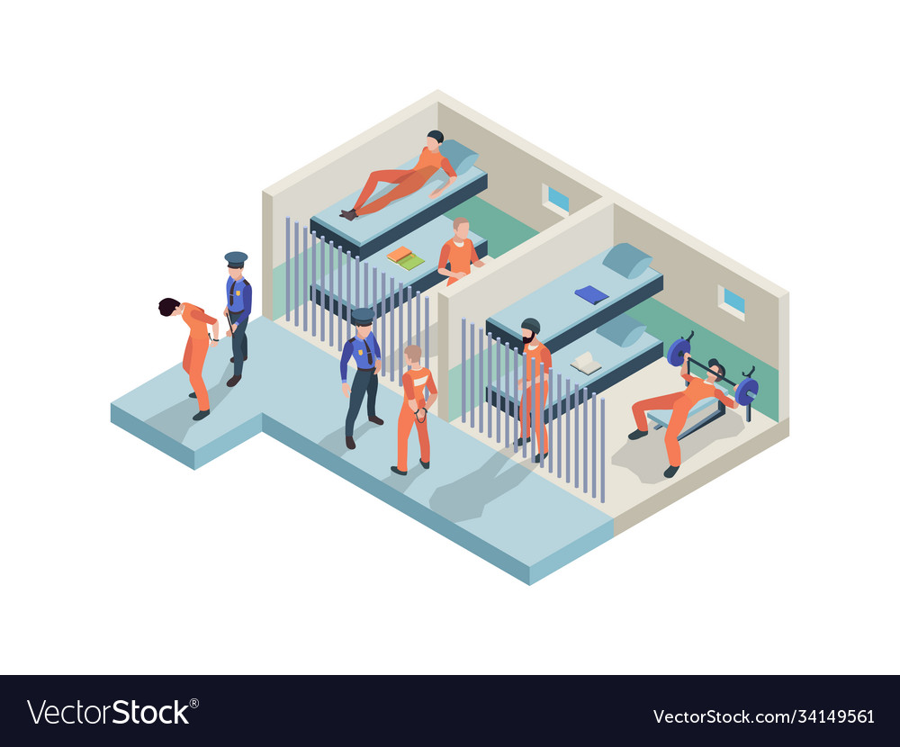 Jail interior prisoners sitting in cameras Vector Image