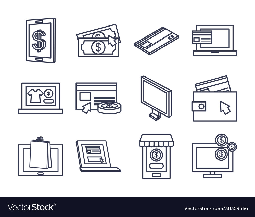 Computers and payments online icon set line style