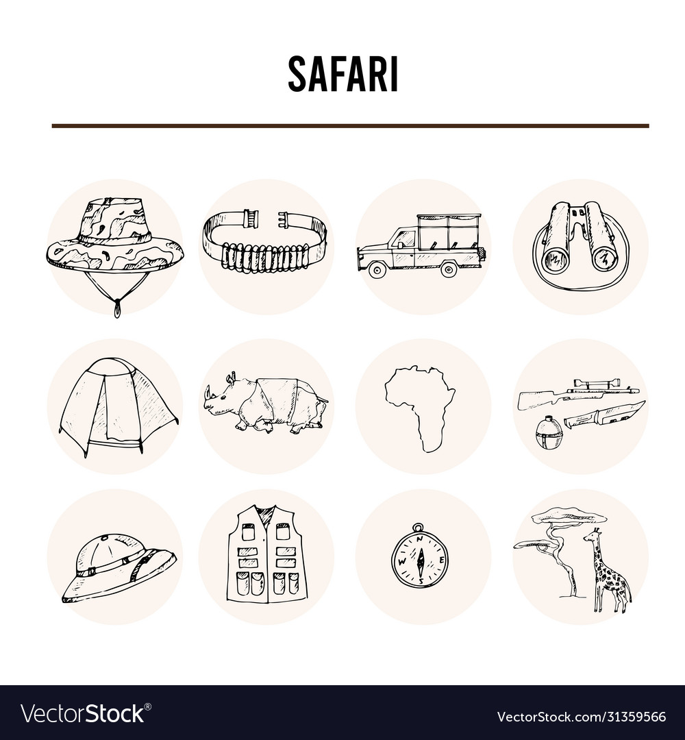 Safari set isolated hand drawn doodles