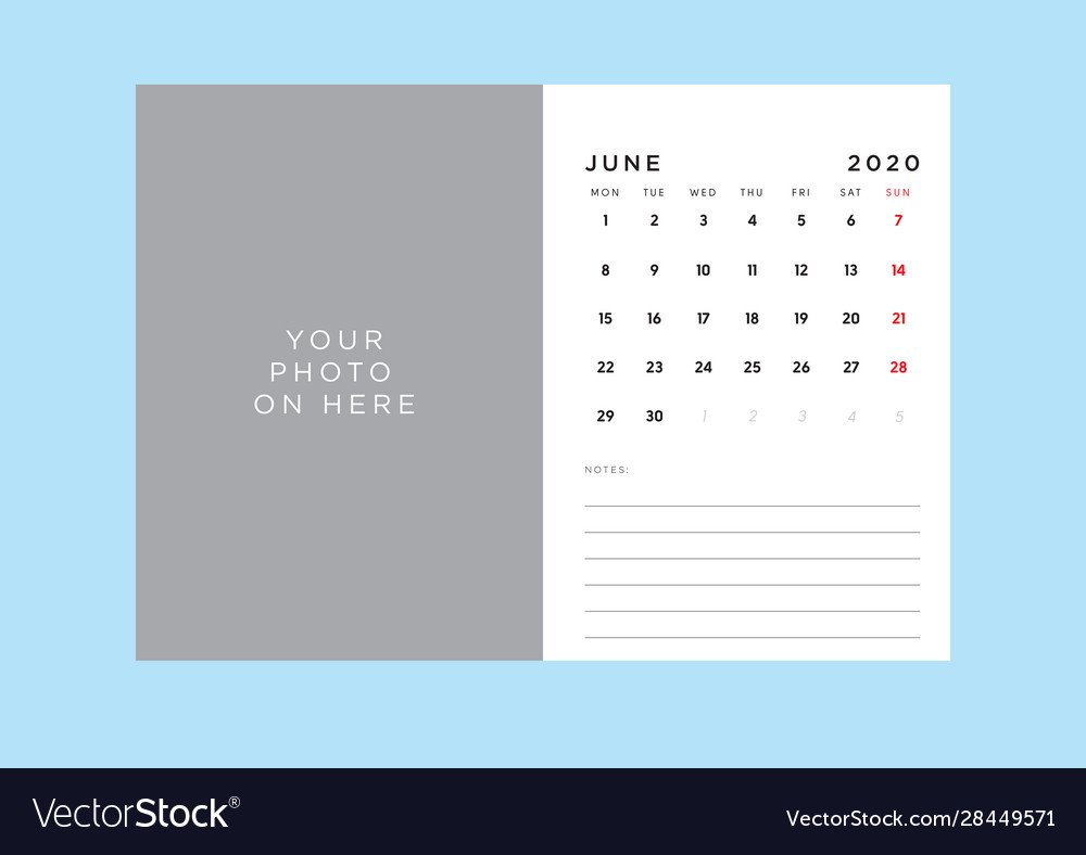 Calendar 2020 template in custom size vector image Calendar 2020 template in custom size