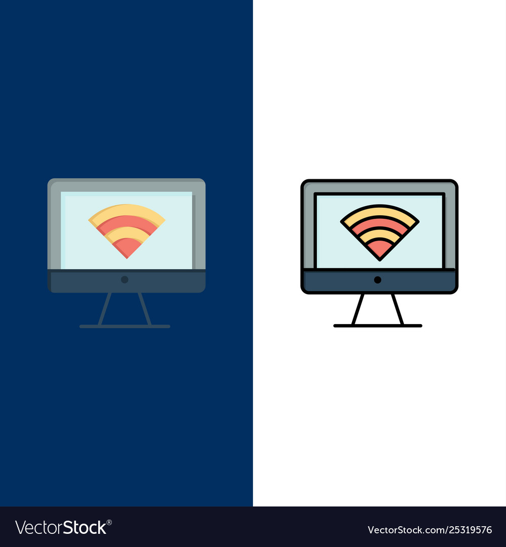 Computer monitor wifi signal icons flat and line vector image Computer monitor wifi signal icons flat and line