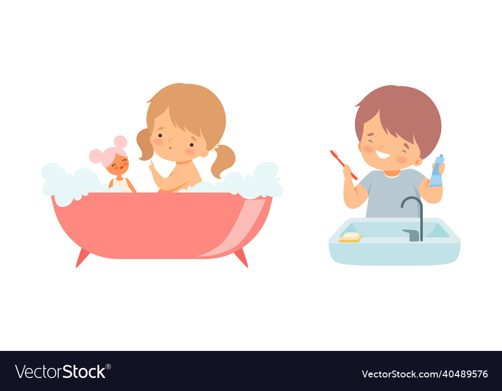 Little boy and girl bathing in bathtub with foam