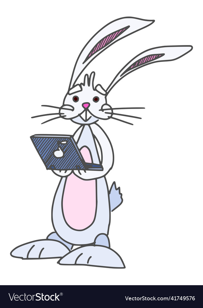 Rabbit holding computer in hands worker character