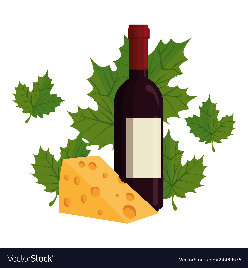 Wine bottle with leafs and cheese Royalty Free Vector Image