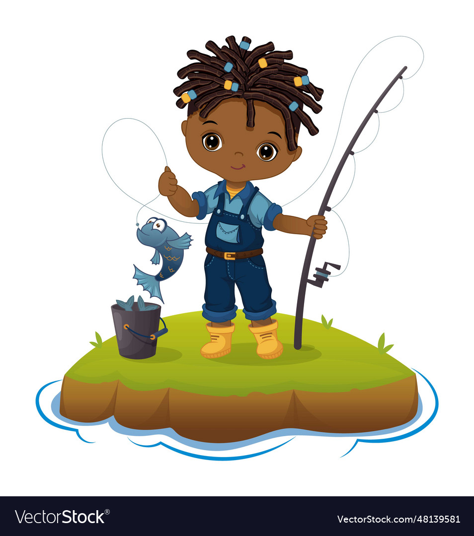 Cute african american boy fishing Royalty Free Vector Image