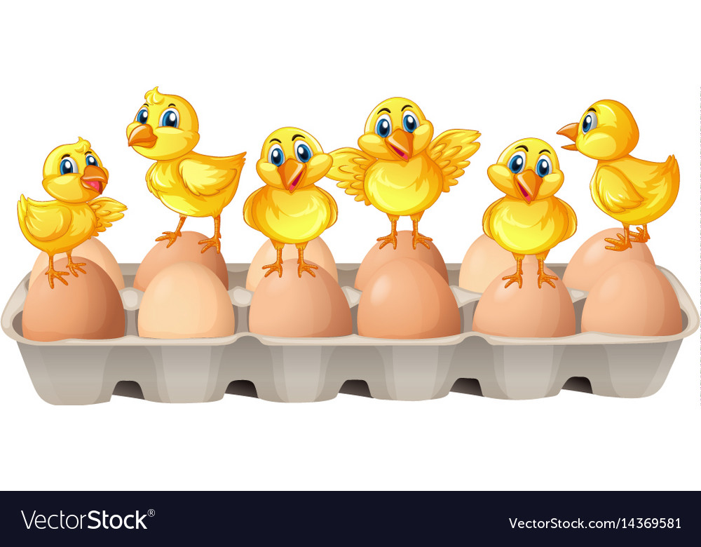 Six chicks standing on eggs Royalty Free Vector Image