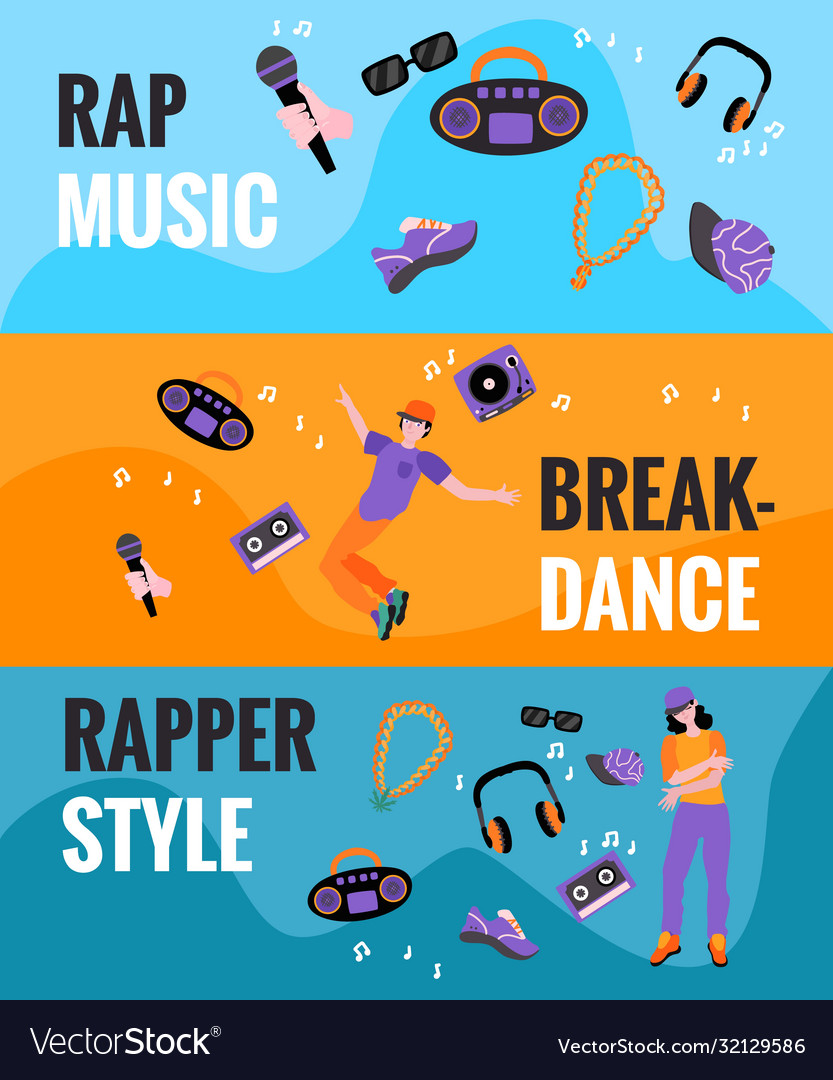 Flat rap hip hop music symbols poster Royalty Free Vector