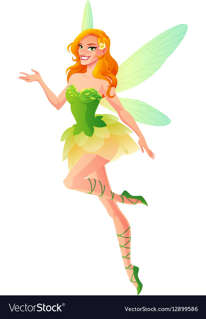 Flying and presenting fairy with wings in green Vector Image