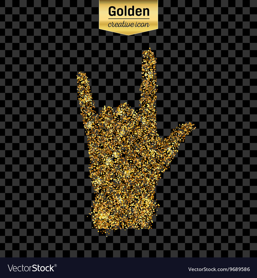 Gold glitter icon of hand rock isolated