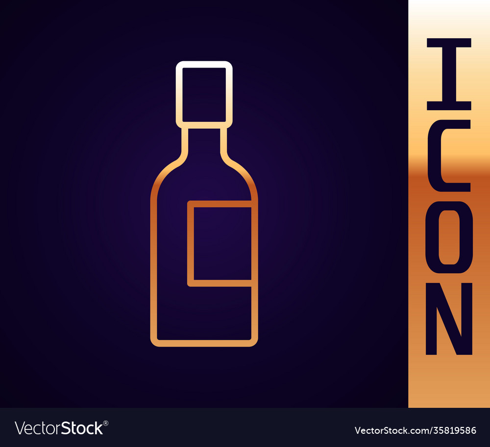 Gold line champagne bottle icon isolated on black