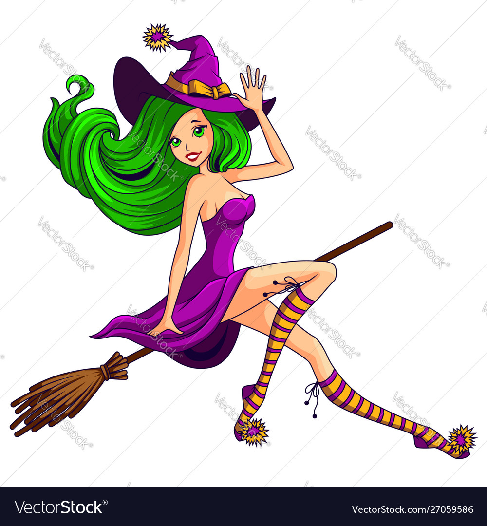 Pretty witch flying on broom isolated Royalty Free Vector