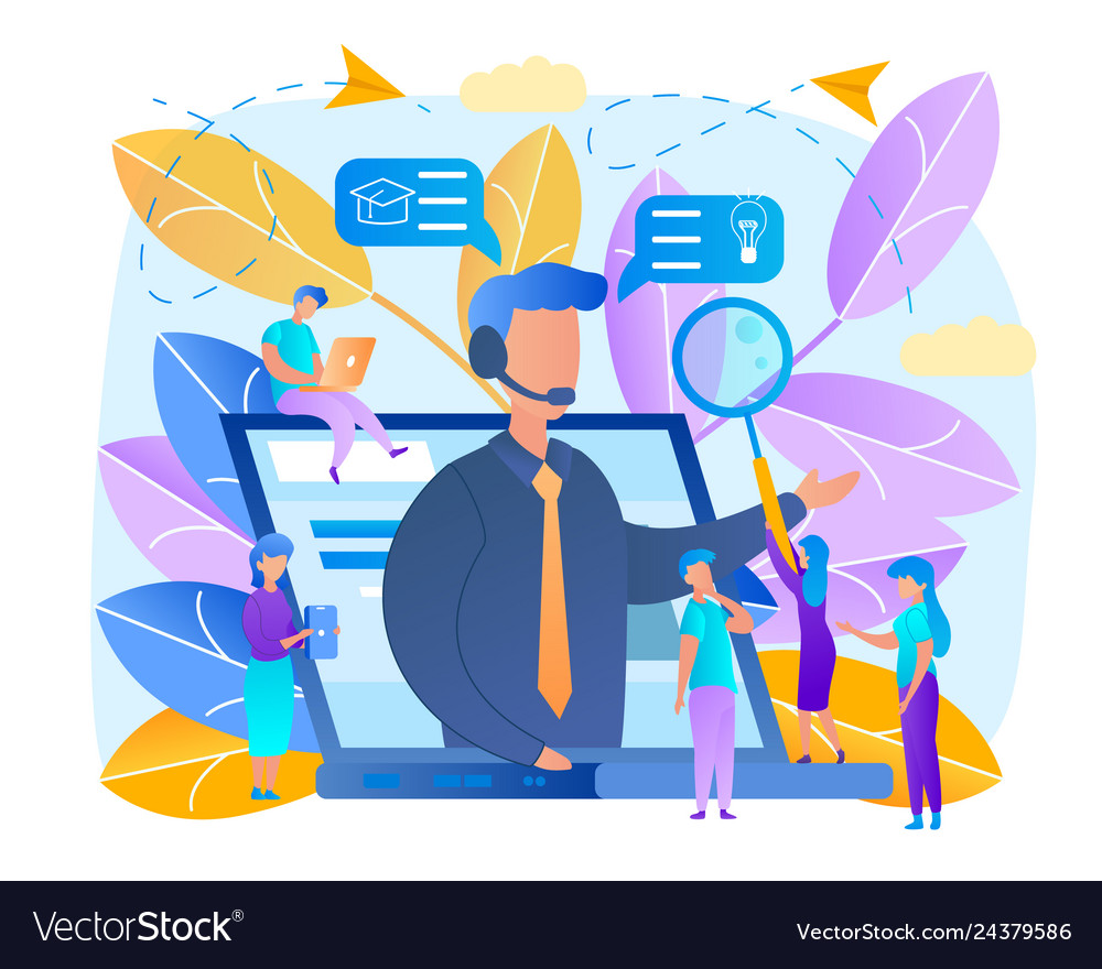 Students watch lesson with teacher on huge laptop vector image Students watch lesson with teacher on huge laptop